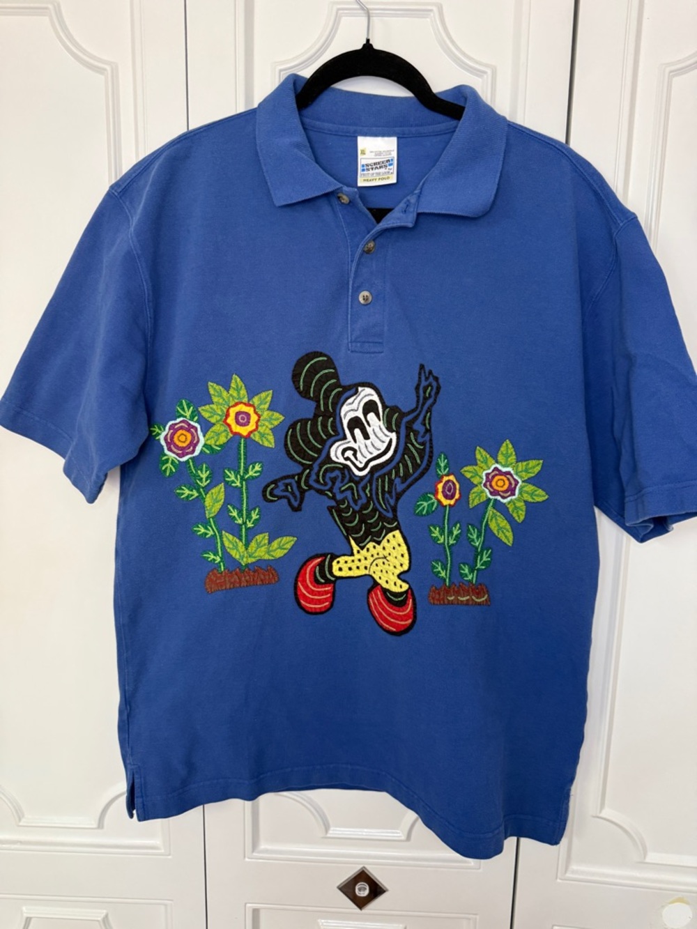 RARE Psychedelic Mickey Mouse Embroidered Blue Polo Screen Stars Disneyland